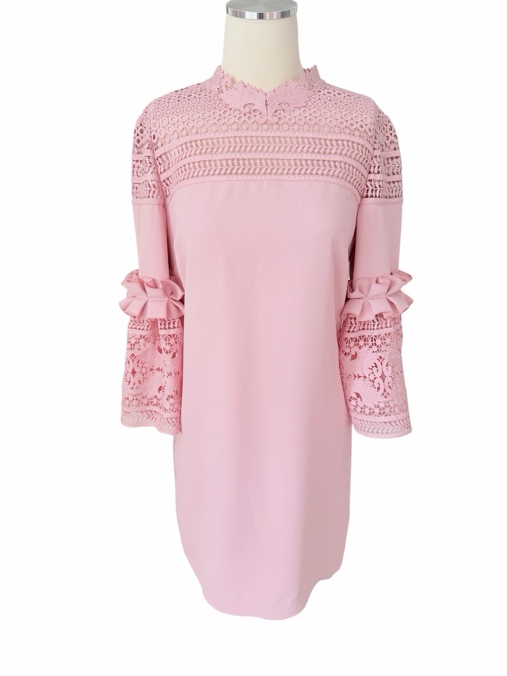 Ted Baker Soft Pink Lace-Yoke Bell-Sleeve Shift Dress Sz 6 (TB 2) - Picture 6 of 17